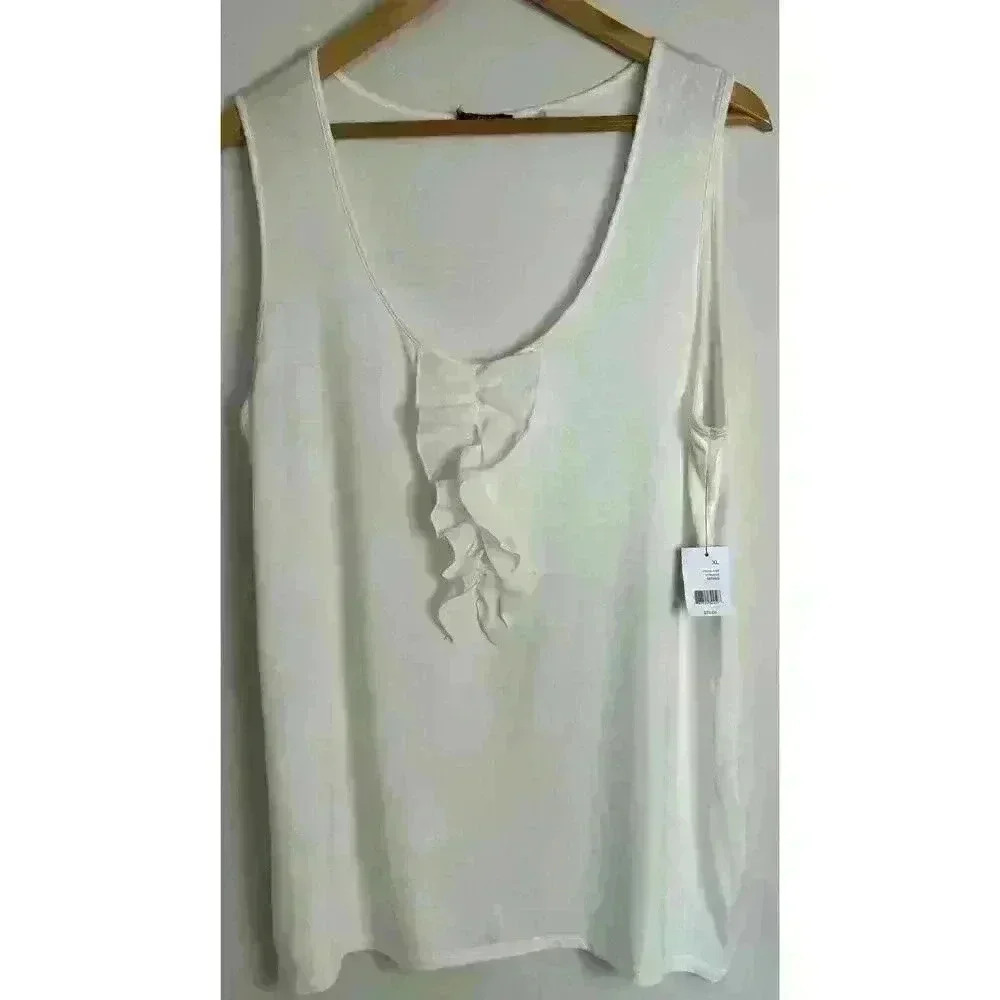 NWT Tahari Knit Jersey Sleeveless Tank Top With Ruffle Antique White Size XL New
